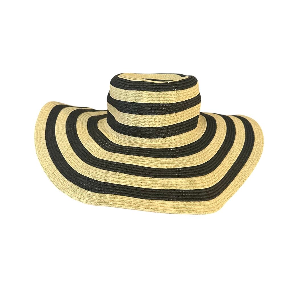 J.Crew Floppy Sun Hat Striped Wide Brim Beach Pool Black Natural Straw Vacation